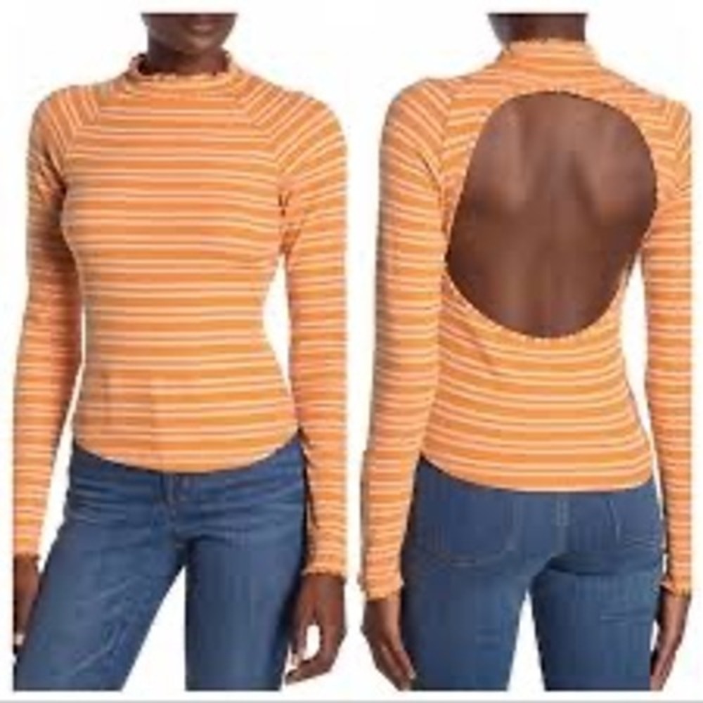 Free People Sunday Afternoon Striped Sweater Womens size M Lettuce Hem Roll Top